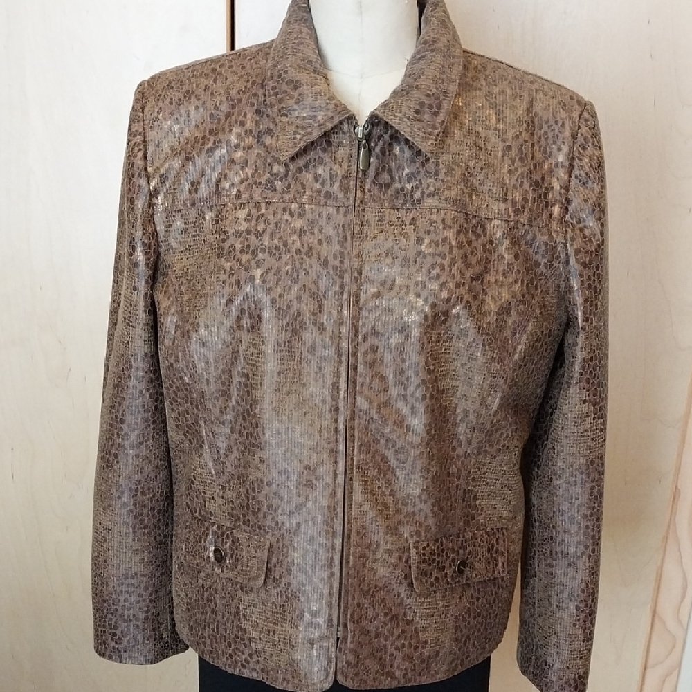 Alfred Dunner Brown Faux Leather Patterned Zip-Front Jacket Size 14p